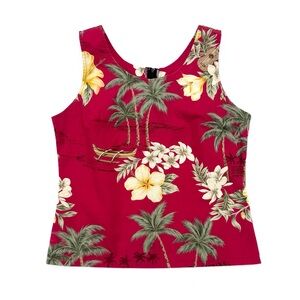 Vintage Bishop St. Apparel Red Tropical Floral Palm Hawaii Made Tank Top